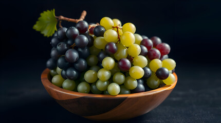 Elegant Bowl of Fresh Green and Purple Grapes on Black background 