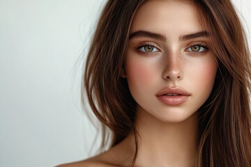Obraz premium Elegant Portrait of a Young Latin Woman with Luscious Brown Hair and Radiant Skin, Emphasizing Natural Beauty and Grace