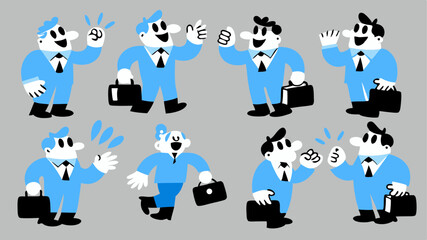 Collection of cartoon businessmen in blue suits posing with briefcases and various hand gestures on gray background