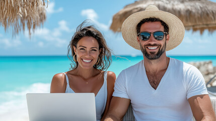 Obraz premium Young couple smiling at beach while working on laptop, enjoying sun and sea