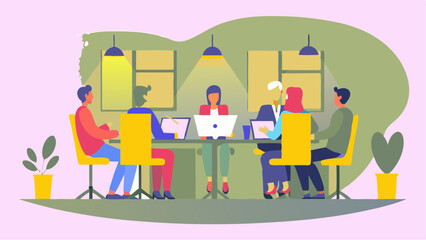 Illustration of a business meeting with people around a table with laptops and office plants inside room