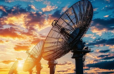 The focus on one radio telescope dish highlights its grandeur against a blurred backdrop.