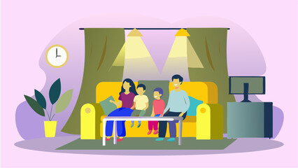 Illustration of a family sitting on a couch in a living room with a tv and lamps and curtains visible