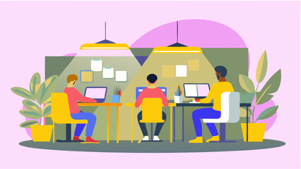 Illustration of three people working at desks in an office setting with plants and overhead lighting present