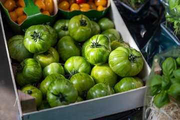 Box of Fresh Green Zebra Tomatoes at a London Market