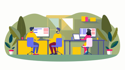 Illustration of three people working at desks with computers in an office setting with plants and decor
