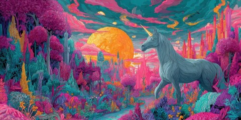 Vibrant fantasy landscape with a unicorn.
