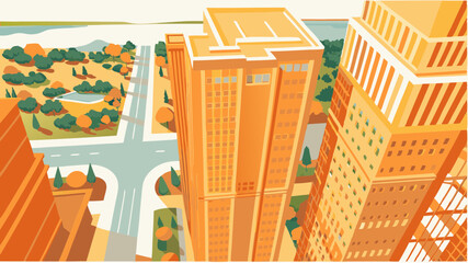 A view from above looking down on a city with tall buildings, a park, and a river in the background. © Fawad
