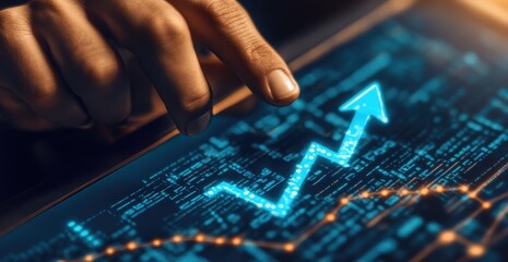 Finger interacts with upward trending data graph on a screen