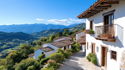 Picturesque village with charming white houses and scenic mountain backdrop, showcasing nature