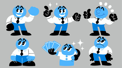 Fototapeta premium Illustration showcasing six blue cartoon characters in different poses and expressions on a gray background