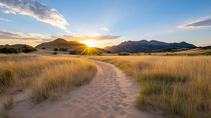 Golden hour sunlight illuminates sandy trail through tall grass and mountains