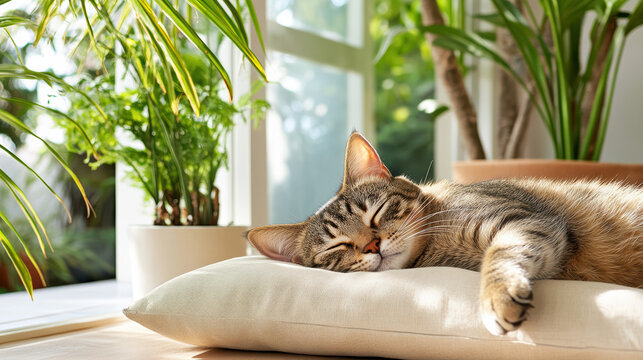 Cat sleeping peacefully on soft cushion near sunny garden window, radiating tranquility