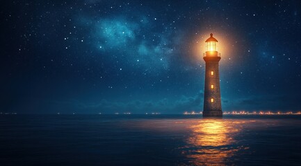 A glowing lighthouse shines in the night sky, illuminating an endless ocean of stars.