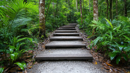 Serene pathway leads through lush greenery, surrounded by vibrant foliage and towering trees