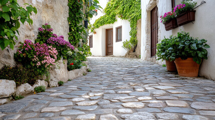 Cobbled lane adorned with vibrant flowers and greenery in serene setting