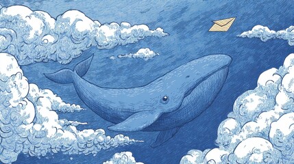 A whimsical illustration of a whale soaring through a cloudy sky with a letter.