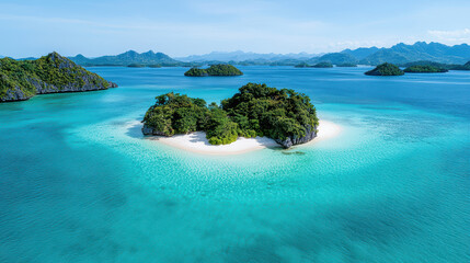 Fototapeta premium Aerial view of tropical islands surrounded by clear blue water and lush greenery