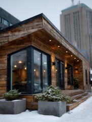 Modern wooden house with large glass windows in snowy urban environment at dusk