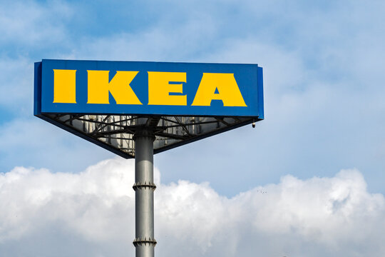 Rishon Lezion, Israel - May 15,2025. IKEA logo sign on a cloudy blue sky background