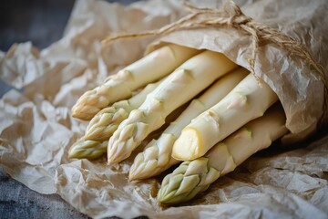 Fresh Shelled White Asparagus and Peelings on Crumpled Paper - A Healthy Market Ingredient