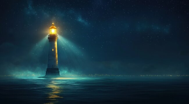 A glowing lighthouse shines in the night sky, illuminating an endless ocean of stars. 