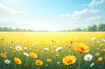 Fototapeta premium Field of red flowers Colorful wildflowers bloom in a lush field with mountains and a bright blue sky in the background.generative ai
