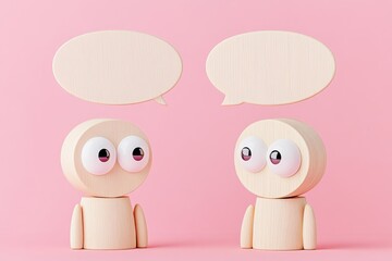 Two wooden figures with large eyes engaged in conversation against a pink background inviting creative dialogue and expression