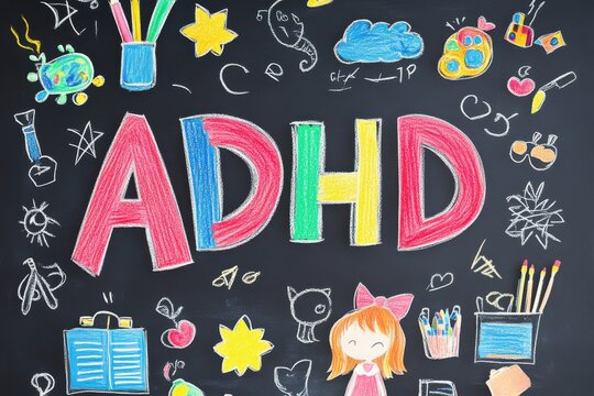 Educational blackboard with colorful ADHD illustration and various learning tools in a classroom setting