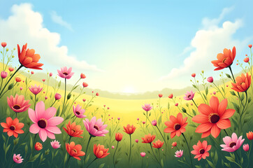 Fototapeta premium Field of red flowers Colorful wildflowers bloom in a lush field with mountains and a bright blue sky in the background.generative ai