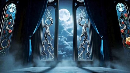 Gothic moonlit window view background wallpaper fantasy art design illustration aesthetic scene. Palace interior glowing in moonlight. Stained glass dragons in fantasy hall - Powered by Adobe