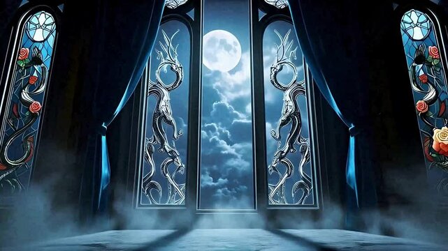 Gothic moonlit window view background wallpaper fantasy art design illustration aesthetic scene. Palace interior glowing in moonlight. Stained glass dragons in fantasy hall