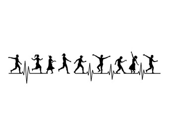 Silhouettes dancing along a heartbeat line, symbolizing life and culture, on white background, minimal vector illustration.
