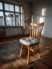Fototapeta premium Wooden chair with cushioned seat in an old, rustic room with peeling walls and wooden floors illuminated by natural light