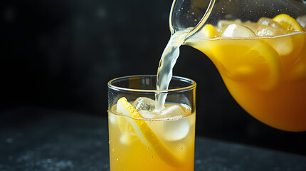Broc de limonade versant un verre, tranches de citron, jet, isolé sur fond noir
