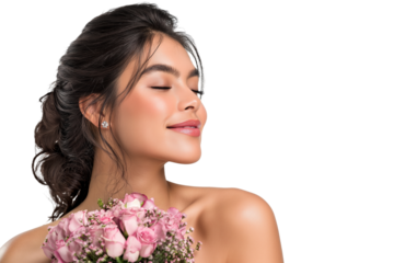 serene woman with bouquet of flowers isolated on white background