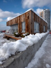 Modern wooden house with large windows on rooftop, snow-covered terrace, in urban setting with high-rise buildings in background