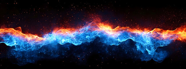 Fiery Inferno. Dynamic red and blue fire flames against a black background concept