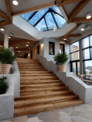 Modern Indoor Space with Wooden Stairs, Large Windows, and Skylight Ceiling in a Contemporary Building