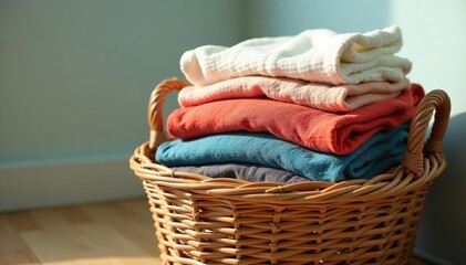 Neatly folded laundry in a wicker basket, ready for storage , home organization, order, shirts