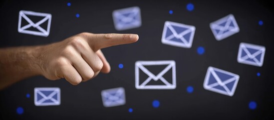 Hand pointing at floating email icons
