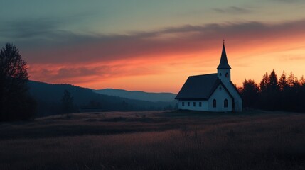 Fototapeta premium Serene Sunset: Church in the countryside at twilight