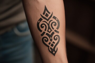 Intricate tribal tattoo design on forearm.
