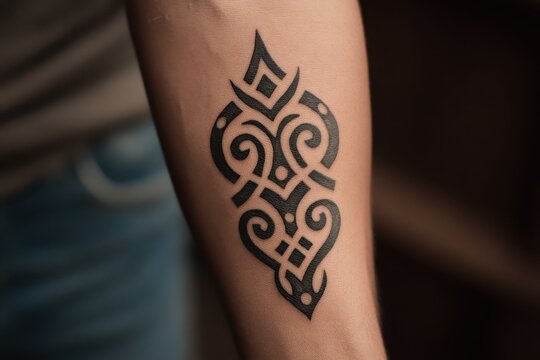Intricate tribal tattoo design on forearm.