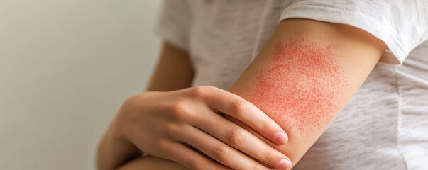 Close up of arm with red rash and hand touching it against a plain background in natural light