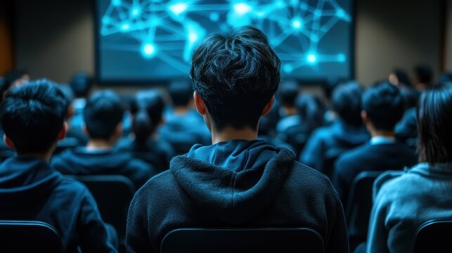 A conceptual image of students from around the world learning together via holograms close up, global education, ethereal, overlay, digital classroom backdrop