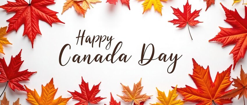 Happy Canada Day banner with red, yellow autumn leaves on white background