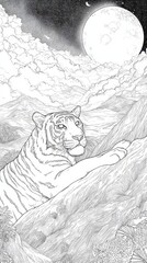 Majestic tiger resting on a mountainside at night.