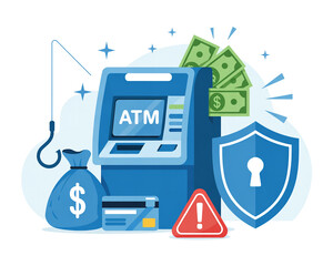 Atm security awareness conceptual illustration illustrating financial fraud and online security threats