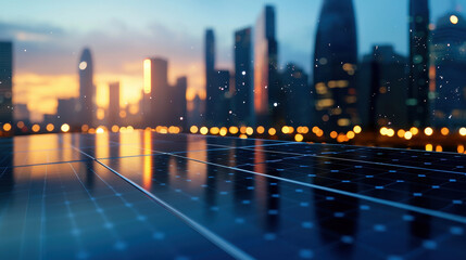 Stunning view of solar panels reflecting city skyline at sunset, showcasing renewable energy and urban development